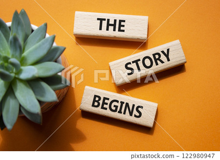 The Store Begins symbol. Concept words The Store Begins on wooden blocks with succulent plant. Beautiful orange background. Business and The Store Begins concept. Copy space. 122980947