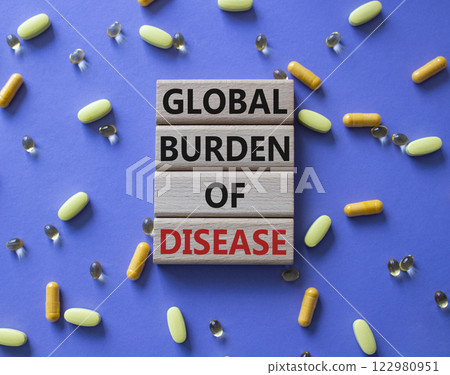 Global Burden of Disease symbol. Concept word Global Burden of Disease on wooden blocks. Beautiful purple background with pills. Medicine Global Burden of Disease concept. Copy space Global Burden of Disease symbol. Concept word Global Burden of Disease on wooden blocks. Beautiful purple background with pills. Medicine Global Burden of Disease concept. Copy space 122980951