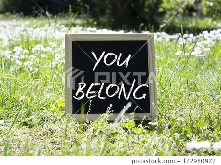 You belong symbol. Blackboard with words You belong. Beautiful meadow background. Business and You belong concept. Copy space. 122980972