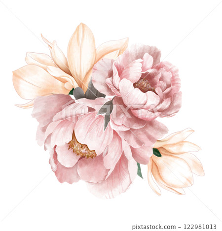 watercolor white magnolia and peony flower and leaf bouquet isolated on white background 122981013