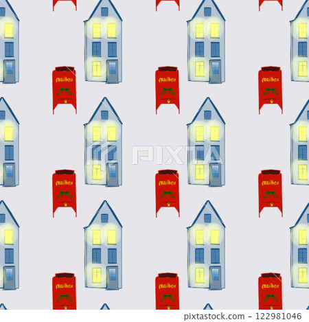 Seamless pattern. Winter house in Scandinavian simple retro style. Vintage hand drawn cartoon illustration.  122981046