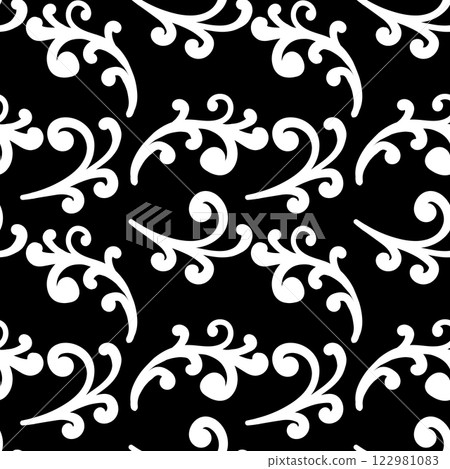 Seamless pattern with Scandy ornament with leaves and flowers. Ethnic floral black and white background. Vector illustration, template doodle hand drawing design for cloth, card, fabric Seamless pattern with Scandy ornament with leaves and flowers. Ethnic floral black and white background. Vector illustration, template doodle hand drawing design for cloth, card, fabric 122981083