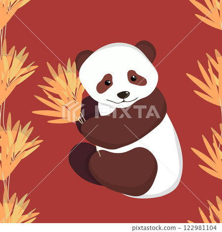 Seamless pattern with cute panda baby on color background. Funny asian animals. Card, postcards for kids. Flat vector illustration for fabric, textile, wallpaper, poster, gift wrapping paper Seamless pattern with cute panda baby on color background. Funny asian animals. Card, postcards for kids. Flat vector illustration for fabric, textile, wallpaper, poster, gift wrapping paper 122981104