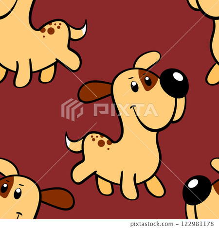 Vector seamless repeating childish pattern with cute dogs in doodle style. Animals background with dog, pets, puppy for invitation, poster, card, flyer, textile, fabric Vector seamless repeating childish pattern with cute dogs in doodle style. Animals background with dog, pets, puppy for invitation, poster, card, flyer, textile, fabric 122981178