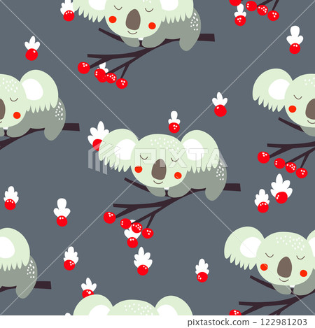 Seamless pattern with cute koala baby on color background. Funny australian animals. Card, postcards for kids. Flat vector illustration for fabric, textile, wallpaper, poster, paper Seamless pattern with cute koala baby on color background. Funny australian animals. Card, postcards for kids. Flat vector illustration for fabric, textile, wallpaper, poster, paper 122981203