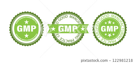 Three green seals with white text and stars, each displaying the abbreviation GMP for Good Manufacturing Practice. The center seal is accompanied by a green ribbon with a white star on top 122981218