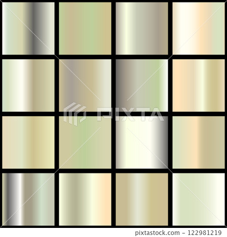 Metalic gradient collection with shiny rainbow hologram. Holographic foil texture, green, blue, yellow, pink gradation. Vector set for frame, ribbon, border, other design 122981219
