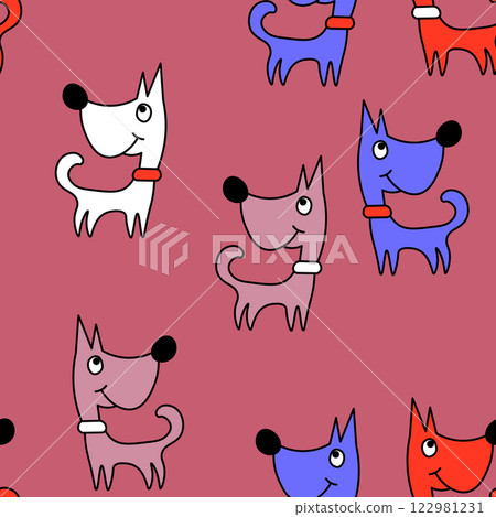 Vector seamless repeating childish pattern with cute dogs in Scandinavian style. Animals background with dog, pets, puppy for invitation, poster, card, flyer, textile, fabric Vector seamless repeating childish pattern with cute dogs in Scandinavian style. Animals background with dog, pets, puppy for invitation, poster, card, flyer, textile, fabric 122981231