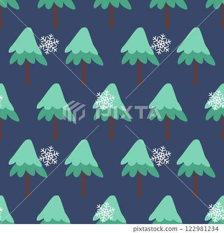 Winter seamless pattern with Christmas tree and snowflakes on color background. Vector illustration for fabric, textile wallpaper, posters, gift wrapping paper. Merry Christmas and New year Vector 122981234