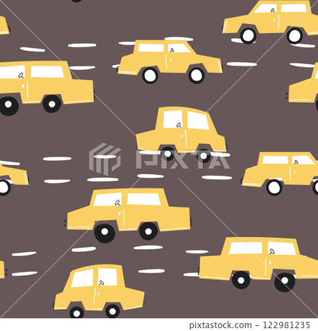 Seamless pattern with cute car on color background. Cartoot transport. Vector illustration. Doodle style. Design for baby print, invitation, poster, card, fabric, textile 122981235