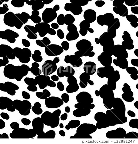 Abstract modern dalmatian fur seamless pattern. Animals trendy background. Black and white decorative vector illustration for print, card, postcard, fabric, textile. Modern ornament of stylized skin Abstract modern dalmatian fur seamless pattern. Animals trendy background. Black and white decorative vector illustration for print, card, postcard, fabric, textile. Modern ornament of stylized skin 122981247