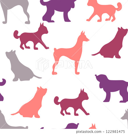 Vector seamless repeating childish pattern with cute dogs, cats in Scandinavian style. Animals background with dog, cat, pets, puppy for invitation, poster, card, flyer, textile, fabric Vector seamless repeating childish pattern with cute dogs, cats in Scandinavian style. Animals background with dog, cat, pets, puppy for invitation, poster, card, flyer, textile, fabric 122981475