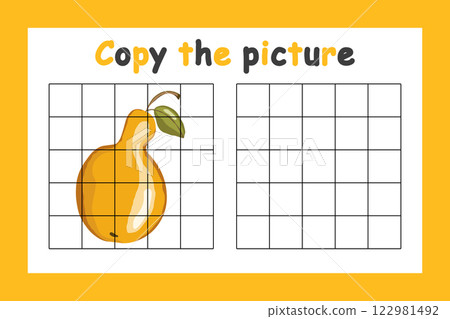 Copy the picture. Educational game for children. Cute yellow pear. Drawing activity for kids. Colorful vector illustration Copy the picture. Educational game for children. Cute yellow pear. Drawing activity for kids. Colorful vector illustration 122981492