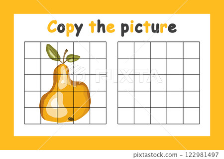 Copy the picture. Educational game for children. Cute yellow pear. Drawing activity for kids. Colorful vector illustration Copy the picture. Educational game for children. Cute yellow pear. Drawing activity for kids. Colorful vector illustration 122981497