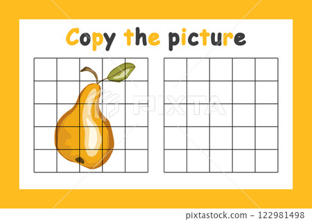 Copy the picture. Educational game for children. Cute yellow pear. Drawing activity for kids. Colorful vector illustration Copy the picture. Educational game for children. Cute yellow pear. Drawing activity for kids. Colorful vector illustration 122981498