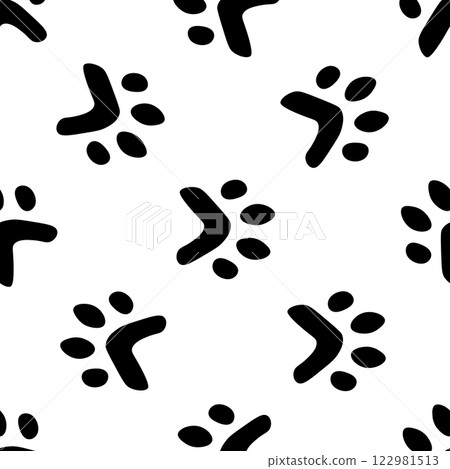 Flat cartoon animal footprint silhouette seamless pattern. Cat or dog foot, unknown animal. Black print paw trace. Vector illustration. Trendy style design 122981513