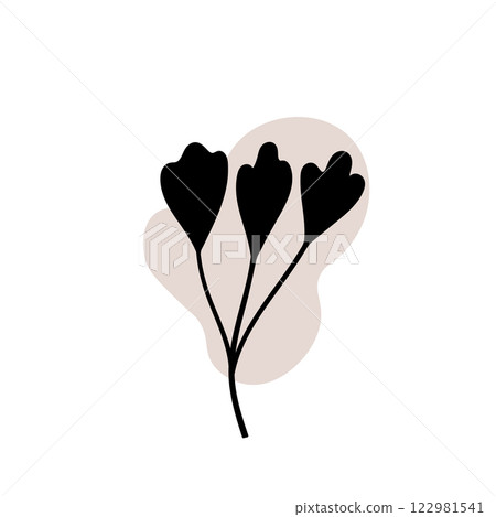 Branch with an abstract round spot. Artistic floral minimalist print. Isolated black silhouette of a plant with pastel drops. Modern watercolor shapes with leaves, acrylic ink blobs. Vector element Branch with an abstract round spot. Artistic floral minimalist print. Isolated black silhouette of a plant with pastel drops. Modern watercolor shapes with leaves, acrylic ink blobs. Vector element 122981541
