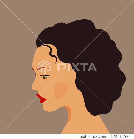 Portrait of a fashion woman. The head in profile of a European brunette woman. Face of girl. Flat design for for landing page, banner, social Media Avatar. Color vector illustration 122981574