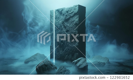 Mysterious Stone Monolith with Luminous Line Surrounded by Mist 122981652