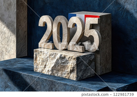 In 2025, a beautiful stone sculpture with vibrant French colors will be created and displayed 122981739