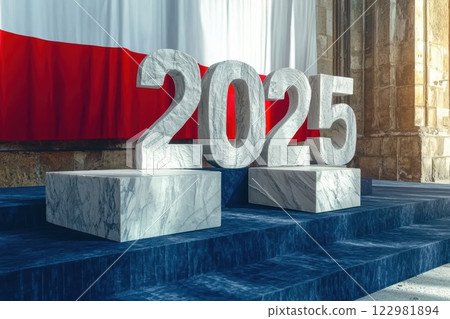 A Celebratory Monument for the Year of 2025 Featuring the Polish Flag prominently displayed 122981894
