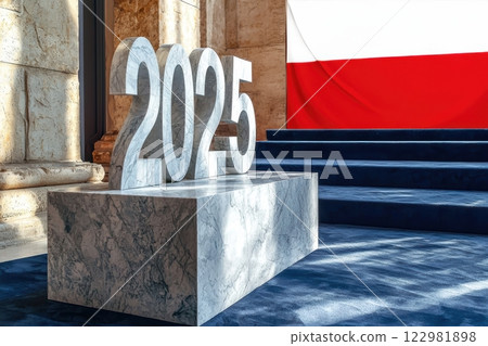 A 2025 representation featuring a background of the Polish flag boldly displayed 122981898