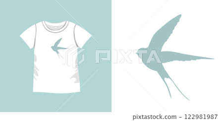 T-shirt with bird pattern. Women jersey, sport uniform kit, short fashion top, round neck blouse. Sketch Illustration. Template mock up 122981987