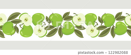 Green apple seamless border. Seamless pattern with apples whole and sliced. Illustration 122982088