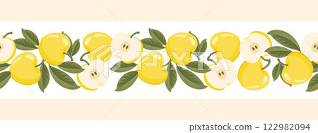 Yellow apple seamless border. Seamless pattern with apples whole and sliced. Illustration 122982094
