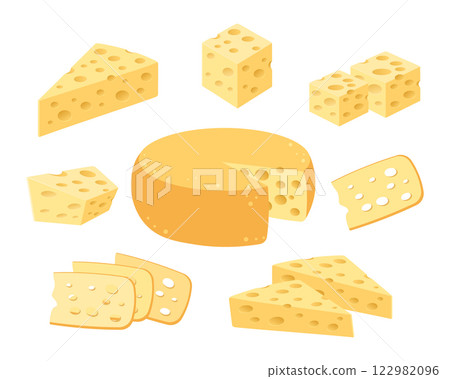Cheese icons set. Swiss cheese wheel and slices. Cheese and pieces of cheese. Illustration Cheese icons set. Swiss cheese wheel and slices. Cheese and pieces of cheese. Illustration 122982096