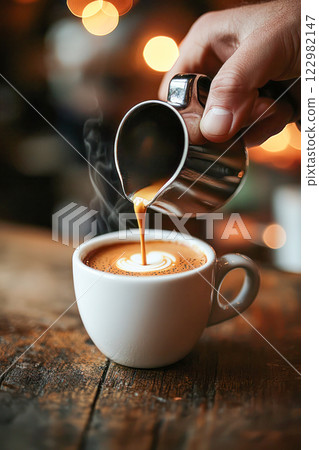 Barista pours creamy milk into a cup of freshly brewed coffee with beautiful latte art on a rustic wooden table. 122982147