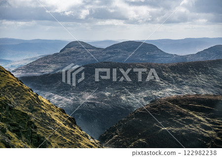 A dramatic view of rolling mountains features rocky slopes and subtle green patches under a cloudy midday sky. The vast landscape offers a sense of tranquility and adventure. A dramatic view of rolling mountains features rocky slopes and subtle green patches under a cloudy midday sky. The vast landscape offers a sense of tranquility and adventure. 122982238