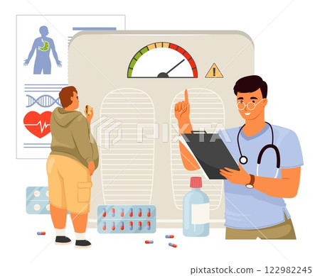 A healthcare professional is engaged with a patient while reviewing health data and medication. Charts, pills, and a monitor indicate a thorough examination process 122982245