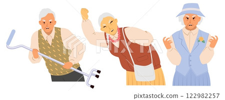 Three elderly characters showcase distinct emotions, featuring an angry woman with a cane, a disapproving figure, and an irritated lady in formal attire. Their expressions tell a story Three elderly characters showcase distinct emotions, featuring an angry woman with a cane, a disapproving figure, and an irritated lady in formal attire. Their expressions tell a story 122982257