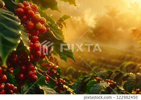 Ripe red coffee cherries on a plantation at sunrise, with sun rays illuminating the lush green leaves and misty hills. 122982450