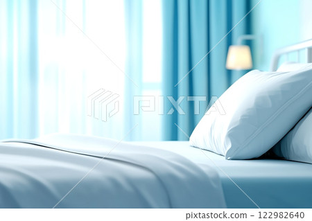 Bright and clean hospital bed with soft pillows and white sheets in a sunlit room 122982640
