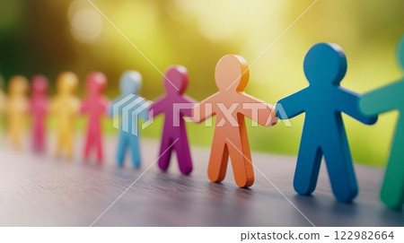 Colorful cut-out human figures holding hands in a line, symbolizing unity, diversity, and teamwork 122982664
