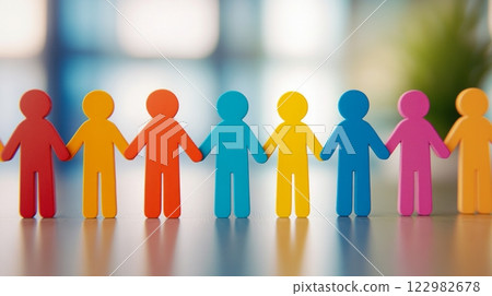 Colorful paper cut-out figures holding hands, symbolizing unity, diversity, and teamwork 122982678