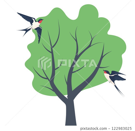 Swallows flying around a green tree in a serene natural setting during daytime Swallows flying around a green tree in a serene natural setting during daytime 122983025