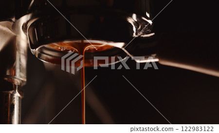 pull espresso shot with bottomless portafilter on a professional coffee machine 122983122