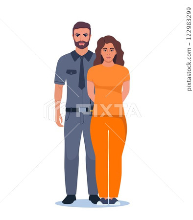Policeman holding handcuffed criminal in orange prison uniform. Prisoner standing with police officer. Vector illustration. Policeman holding handcuffed criminal in orange prison uniform. Prisoner standing with police officer. Vector illustration. 122983299