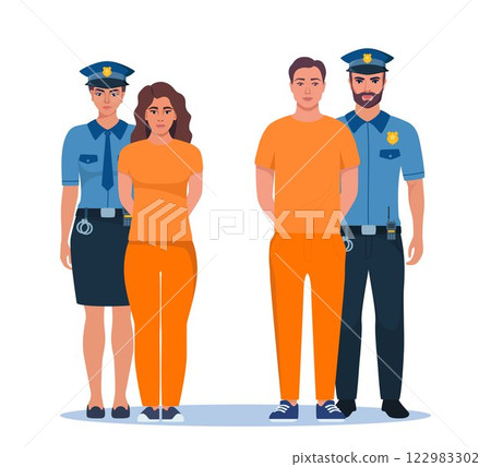 Policeman holding handcuffed criminal in orange prison uniform. Prisoners standing with police officers. Vector illustration. 122983302