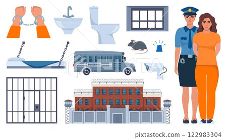 Woman police officer holding handcuffed criminal woman in orange prison uniform. Prison elements. Penitentiary system icons. Vector illustration. Woman police officer holding handcuffed criminal woman in orange prison uniform. Prison elements. Penitentiary system icons. Vector illustration. 122983304