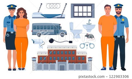 Woman police officer holding handcuffed criminal woman in orange prison uniform. Prison elements. Penitentiary system icons. Vector illustration. Woman police officer holding handcuffed criminal woman in orange prison uniform. Prison elements. Penitentiary system icons. Vector illustration. 122983306