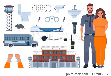 Woman police officer holding handcuffed criminal woman in orange prison uniform. Prison elements. Penitentiary system icons. Vector illustration. 122983307