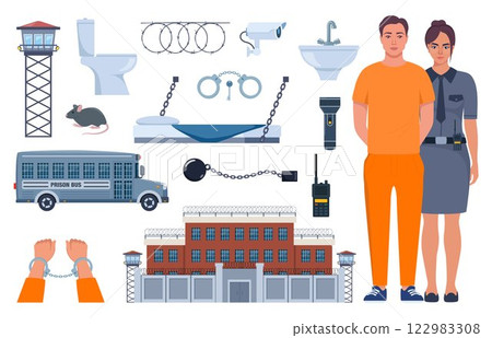 Woman police officer holding handcuffed criminal woman in orange prison uniform. Prison elements. Penitentiary system icons. Vector illustration. 122983308