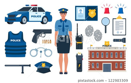Police officer and Police professional equipment for pursue and capture a criminal. Police accessories, tools. Vector illustration. 122983309