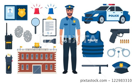 Police officer and Police professional equipment for pursue and capture a criminal. Police accessories, tools. Vector illustration. 122983310