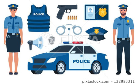 Police officer and Police professional equipment for pursue and capture a criminal. Police accessories, tools. Vector illustration. 122983311