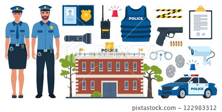 Police officer and Police professional equipment for pursue and capture a criminal. Police accessories, tools. Vector illustration. Police officer and Police professional equipment for pursue and capture a criminal. Police accessories, tools. Vector illustration. 122983312